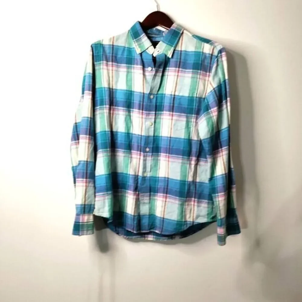 Banana Republic Men M Linen Plaid Long Sleeve Button Down Casual‎ Preppy Shirt